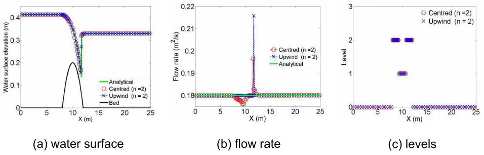 Figure 9: HWFV adaptive numerical solution for the steady transcritical flow over a hump.