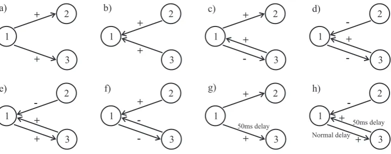 Fig. 1.Network conﬁguration for 3 cortical neurone simulations. Excitatory connections are indi-1cated: “+”, inhibitory connections are indicated: “-”