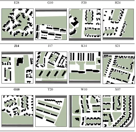 Figure 1. Figure-ground maps of the12 sampled study sites. The IDs of the sites are composed by letters and numbers