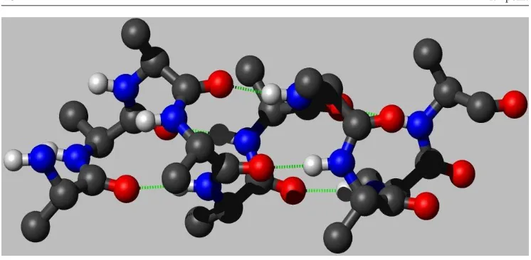 Figure 1. Portion of an α-helical protein. The black, spiralling backbone is stabilized by hydrogenbonds, shownas greendashedlines