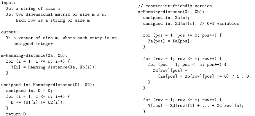 Figure 15—Pseudocode for m-Hamming distance computation, presented two ways. The second presentation permits a more naturaltranslation to constraints (see Figure 16).
