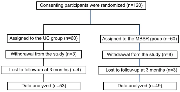 Figure 2 Flow diagram of patient randomization and retention.Abbreviations: MBsR, mindfulness-based stress reduction; UC, usual care.