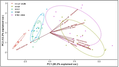 Figure 8. Principle component analysis of 11 traits (all-trans β-carotene, 9-cis β-carotene, glycerol, lutein, zeaxanthin, all-trans α-carotene, photosynthesis, respiration, total carotenoids, total chlorophyll and specific growth rate) for all five Dunali