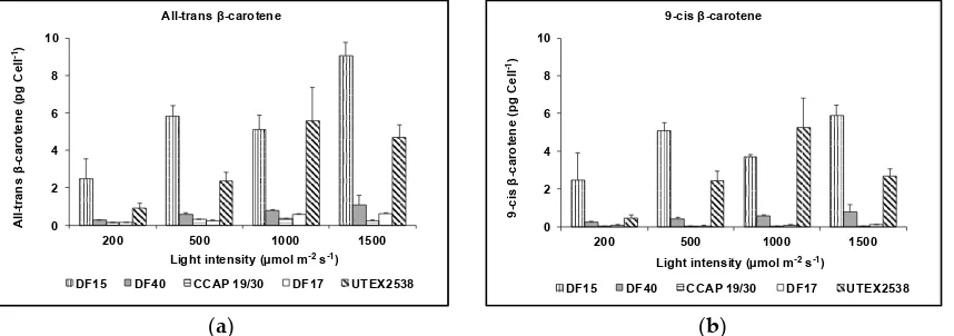 Figure 6(d) shows that zeaxanthin content in all strains increased with light intensity