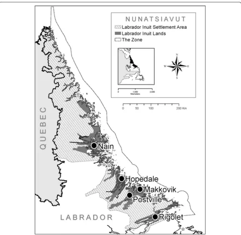 Fig. 1 A map of the five Inuit communities within the Labrador Inuit Settlement Area in Nunatsiavut, Labrador, Canada