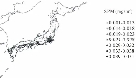 Figure 1. Distributed air quality monitors of SPM and ozone in Japan, the map also shows the distribution of the mean annual concentrations of SPM in 2006