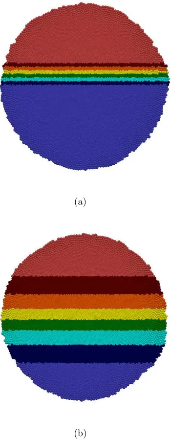 Figure 7:Snapshots of a simulation of a two-dimensional cell population, with cellscoloured according to which process they lie on