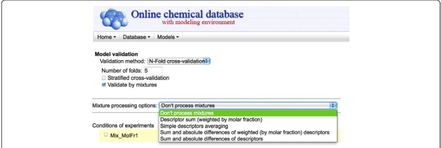 Figure 3 Screenshot of the OCHEM features implemented to analyze mixtures.