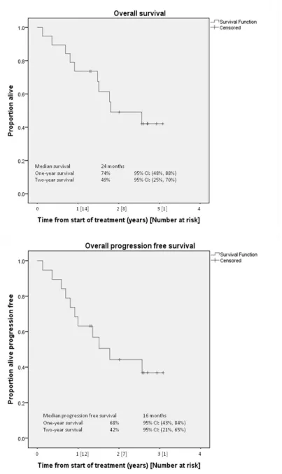 Figure 2. Survival graphs: overall and by dose escalation cohorts.  