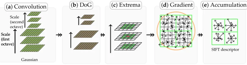 Figure 2. Illustration of how the SIFT feature descriptor is obtained. ((marked with green circles)