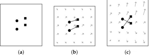Figure 4. Illustration of the velocity ﬁeld. (a): two given point pairs. (b): a coherent velocity ﬁeld