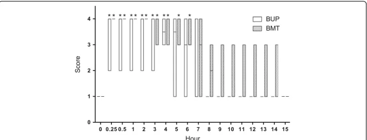 Fig. 3 Analgesia scores in goats that received thoracolumbar epidural anaesthesia with bupivacaine (BUP treatment) or bupivacaine plus methadone (BMT treatment)