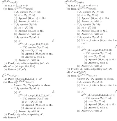 Figure 4: Left: Construction of OW adversary B = (B1, B2) from OW-CCA adversary A = (A1, A2)and plaintext extractor K