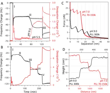 Figure 3. (A) QCM-D data showing the buildup of double lipid bilayers for PLL1PLL300k at pH 9.0 (black line) and PLL70with buPOPC/POPG 3:1 vesicles were added to both to form a second bilayer