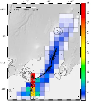 Figure 4. The dike path PDF. Small black dots are relative relocations of epicenters associated with the 2014 diking1996 unrest and inferred dike propagation to the south, and the row of black stars traces the approximate location ofthe 1996 Gjálp eruptive