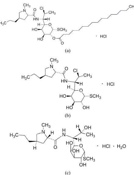 Figure 1. Chemical structures of clindamycin palmitate hydrochloride (a), clindamycin hydrochloride (b) and lin- comycin hydrochloride (c)