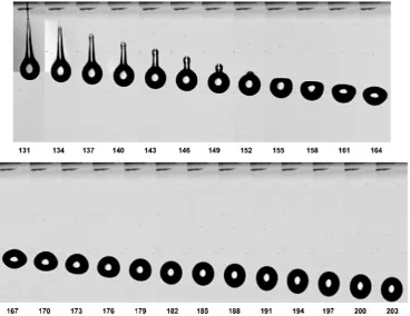 Fig. 1. Images taken from a sequence captured at 106 frames per second showing drop formation and subsequent oscillation