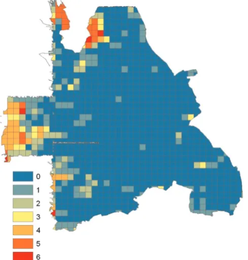 Fig. 7. Number of ecosystem services for which each Output Area is a hotspot, for the urban area of Shefﬁeld only