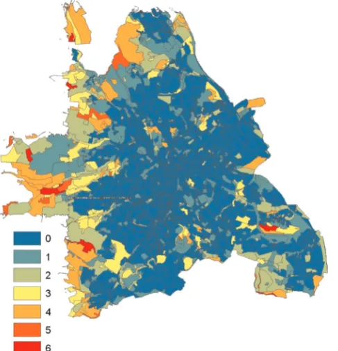Fig. 8. Number of ecosystem services for which each Historic Environment Character Area is a hotspot, for the urban area of Shefﬁeld only