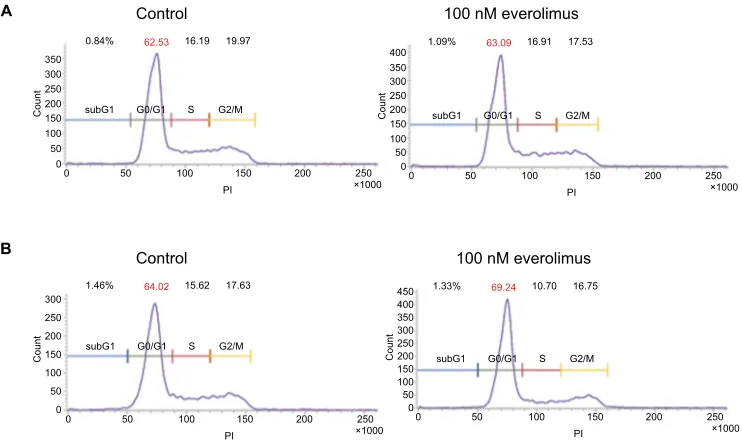 Figure S1 Inhibition of p70S6K activity via everolimus treatment in skin SCC cells. Notes: Everolimus-induced changes in p70S6K activity in A431 (A) and HSC-1 (B) cells were analyzed by performing immunoblotting assays.