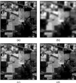 Fig. 3.  Application of 2D-SSA to a scene in HSI. (a) Original scene at 667 nm (b) First component grouping (c) From first to fifth component grouping (d) From  first to tenth component grouping , where L x =5, L y =5 (L 2D =25)