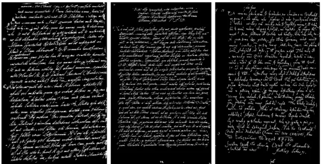 Figure 1.2: Binarized images from the ICDAR 2017 dataset [14]. First and second images from left to right, which present different layouts and character sizes,  cor-respond to the same writer