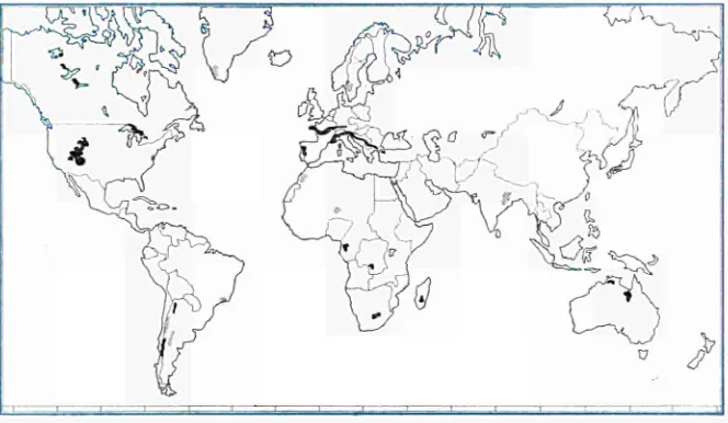 Fig. 1: Map showing the distribution of uranium provinces in the free world. The dark surfaces represent workable deposits (i.e