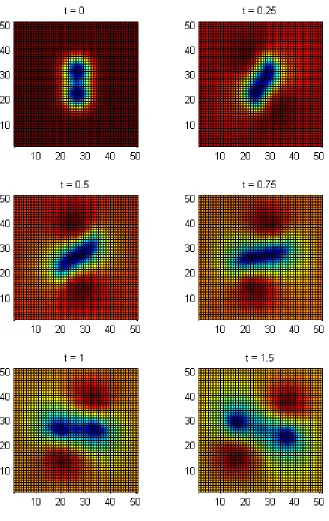 Figure 3.3: The Hamiltonian midpoint method on a 50 by 50 grid captures the behavior of twoco-rotating vortices which almost merge, then move apart.