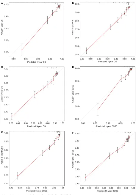 Figure 2 internal calibration curves for the 1-, 3-, and 5-year Os (Notes: A–C) and BCss (D–F).The 45° line represents an ideal match between the actual survival (Y-axis) and the nomogram-predicted survival (X-axis)