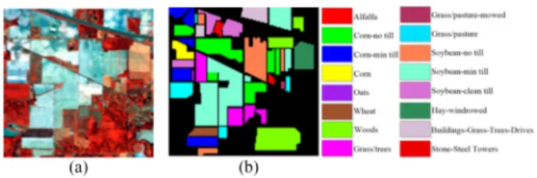 Fig. 2. Indian Pines dataset. (a) Three-band false color image. (b) Ground-truth image.