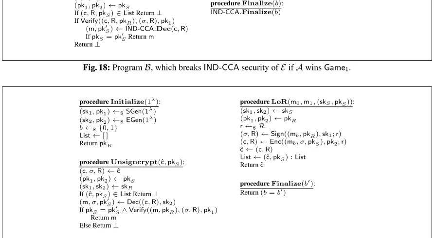 Fig. 18: Program B, which breaks IND-CCA security of E if A wins Game1.