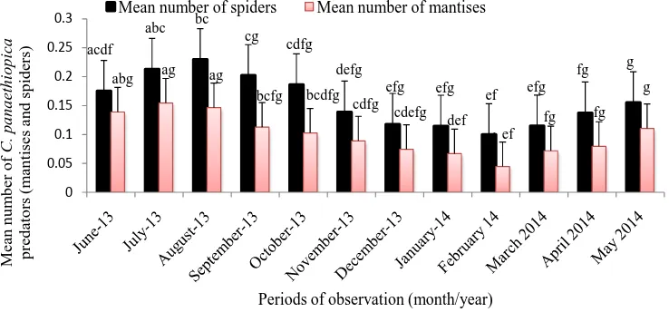 Figure 9. Mean number of C. panaethiopica predators (mantises and spiders) per tree, with respect to time
