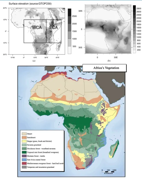 Figure 1. (a) Surface elevation over the study area based on 30-min topographic data (m) from Digital Elevation Model (DEM) of the US Geological Survey