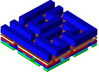 Fig. 13: Top layer view (a) and tilted SEM view (b) of a 26µm wide 6 × 6 × 6 cageimplemented in a 130nm technology (×2500)7