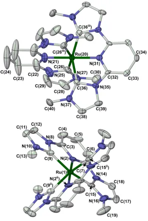 Figure 1 The two unique complex molecules in the crystal structure of