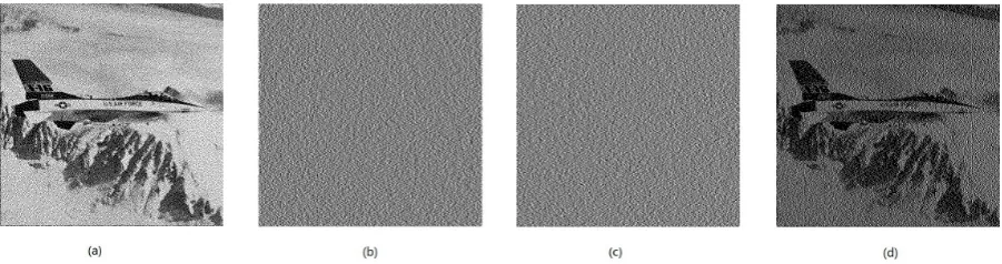 Figure 3: Experimental results for (2,2)-MPEM: (a) the original secret image with image size512×512, (b) share 1 with image size 512×512, (c) share 2 with image size 512×512, (d) stackedimage with image size 512×512