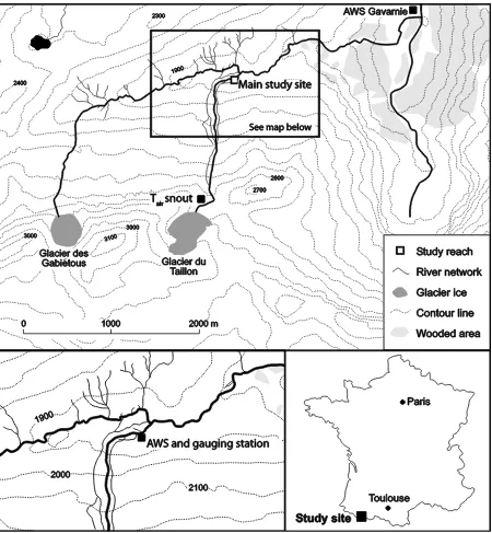 Figure 1. Location of the Taillon-Gabiétous catchment. The study reach, Gavarnie meteorological station (AWS Gavarnie) and glacier snout air temperature station (Tair snout) are highlighted