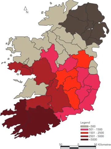 Figure 5: The location, on January 1, 2002, of beef cattle born in Co. Kerry  during 2000.
