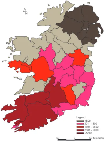 Figure 6: The location, on January 1, 2004, of beef cattle born in Co. Kerry 