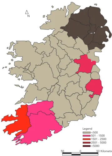 Figure 8: The location, on January 1, 2004, of dairy cattle born in Co. Kerry  during 2000.