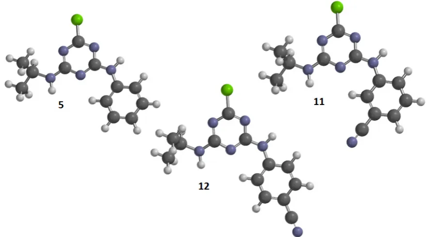 Figure 7. The most energetically favorable conformations of compounds 5, 11 and 12 according to the calculation by HF/6-31G(d) method
