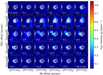 Fig. B.1: SiO channel map. The white contours indicate the 48 GHz continuum, consistent with previous ﬁgures, and the colourscaleshows the SiO emission starting at 3σ