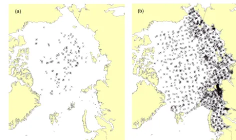 Figure 1. Monthly mean positions of NP drifting stations in 1954–1991 (a) and Sever expedition landings where snow measurementswere conducted in 1959–1986 (b)