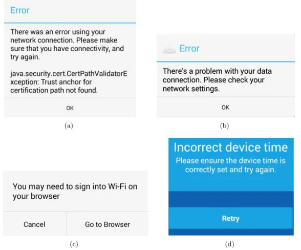 Figure 4.1: Warnings presented to users as a result of non-validation of an SSL certificate.