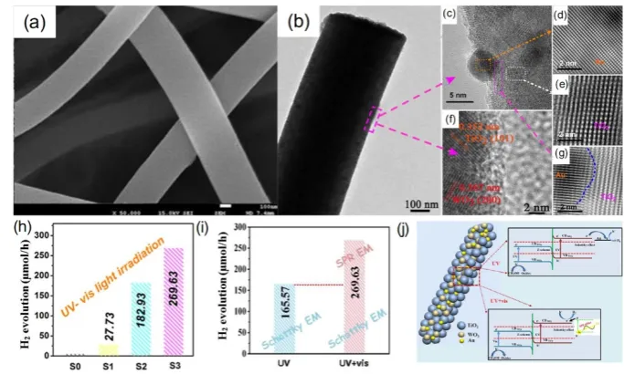 Figure 7. (a-g) Morphology and composition characterizations of Au/TiO2/WO3. (h-i) 