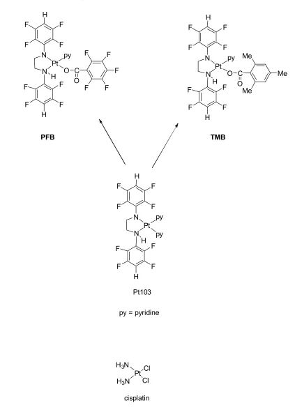 Figure 1: Chemical structures of PFB, TMB and cisplatin.  