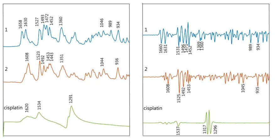Figure 3: IR raw spectra (left) and 2nd derivative (right) of compounds 1, 2 and cisplatin