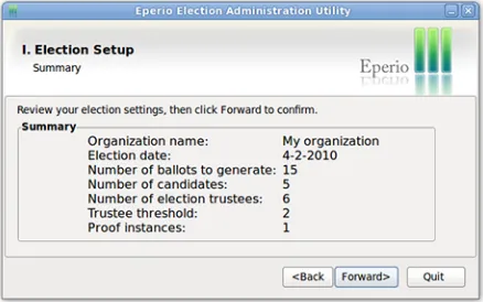 Figure 3:Election generation wizard.Trustees areguided through the complete process of selecting elec-tion parameters and setting up strong passwords prior togenerating ballots and cryptographic audit data.