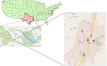Figure 1. Map of USA, Texas, and Angelina County in East Texas. The five soil sampling sites (Intersection of Lumberjack Drive (A), intersection of Judd Street (B), West Borden Drive (industrial site, C), Old Orchard Park (D), and a truck stop (E)) in Dibo