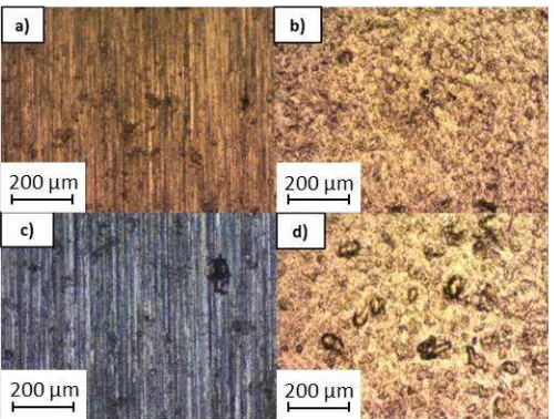 Figure 10 Surface images of the 1 layer Maraging wear specimens a) rail before test b) rail after 5000 dry cycles c)  wheel before test d) wheel after 5000 dry cycles  